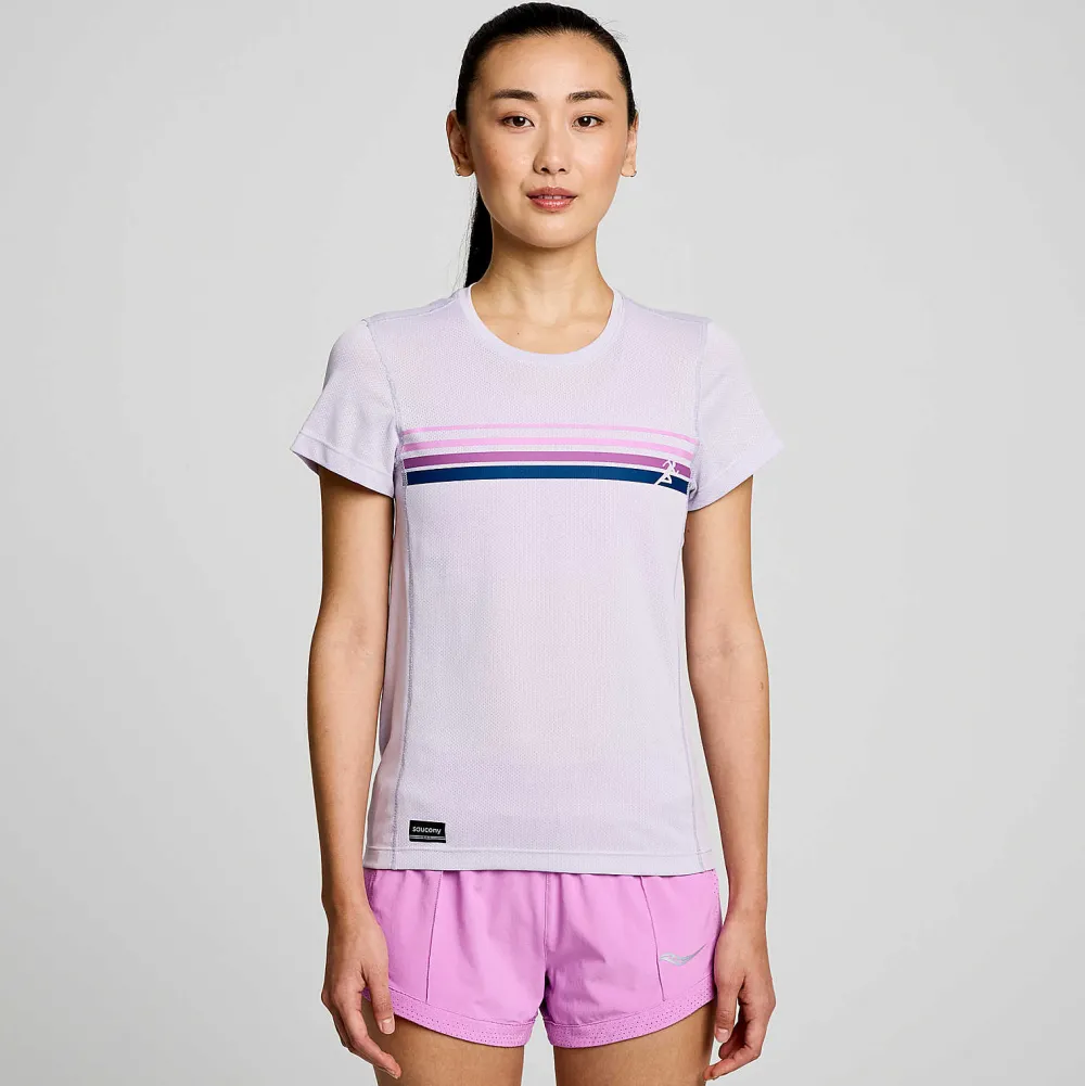 Saucony Dames Stopwatch Graphic Short Sleeve Mauve Graphic|Dames Tops
